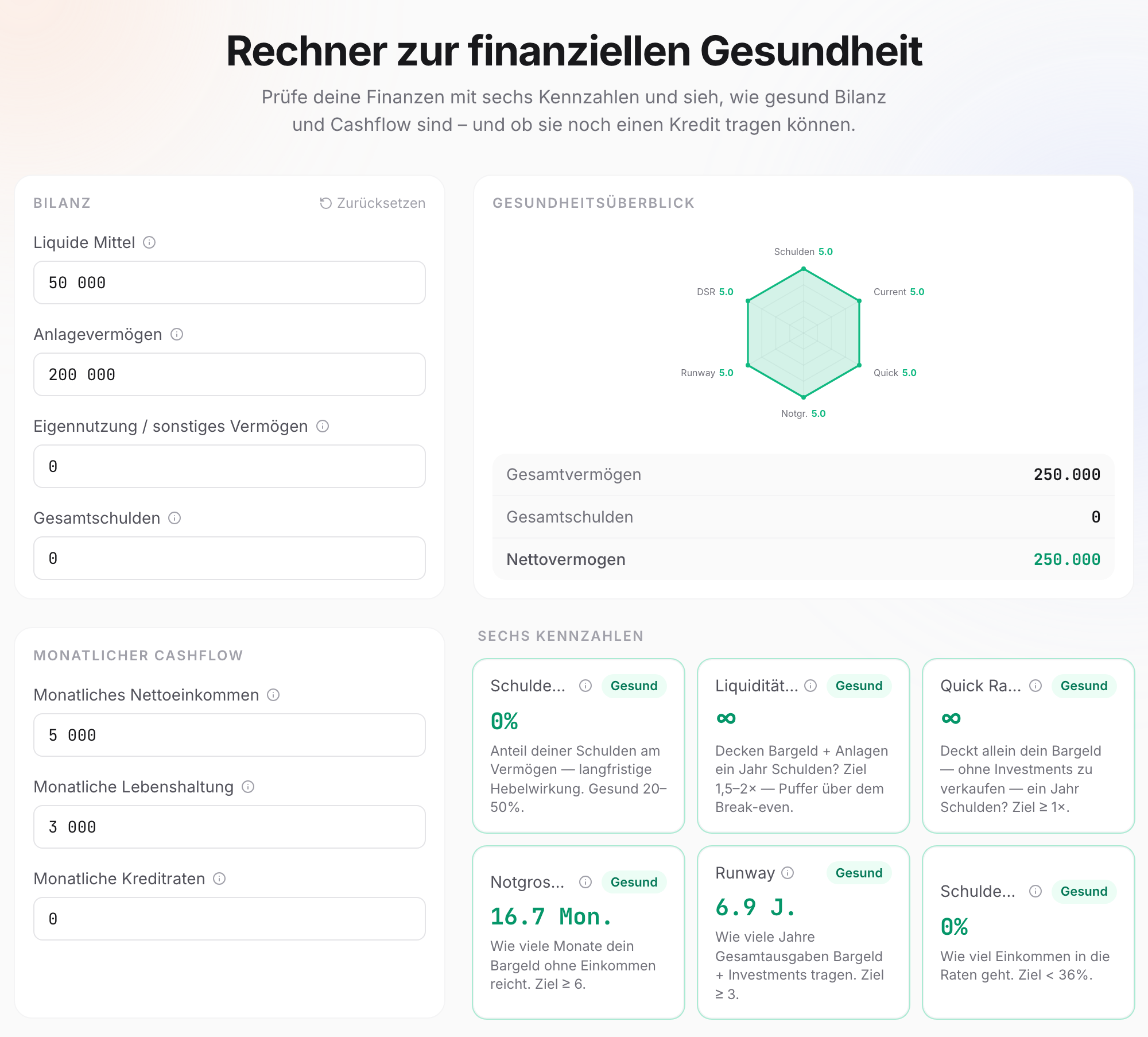 Rechner für finanzielle Gesundheit: Radardiagramm der sechs Finanzkennzahlen